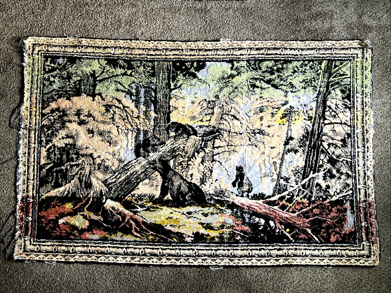 Vtg Bear Forest Trees Rug Wall Hanging Cabin Decor Rustic Tapestry – 71 x 45″