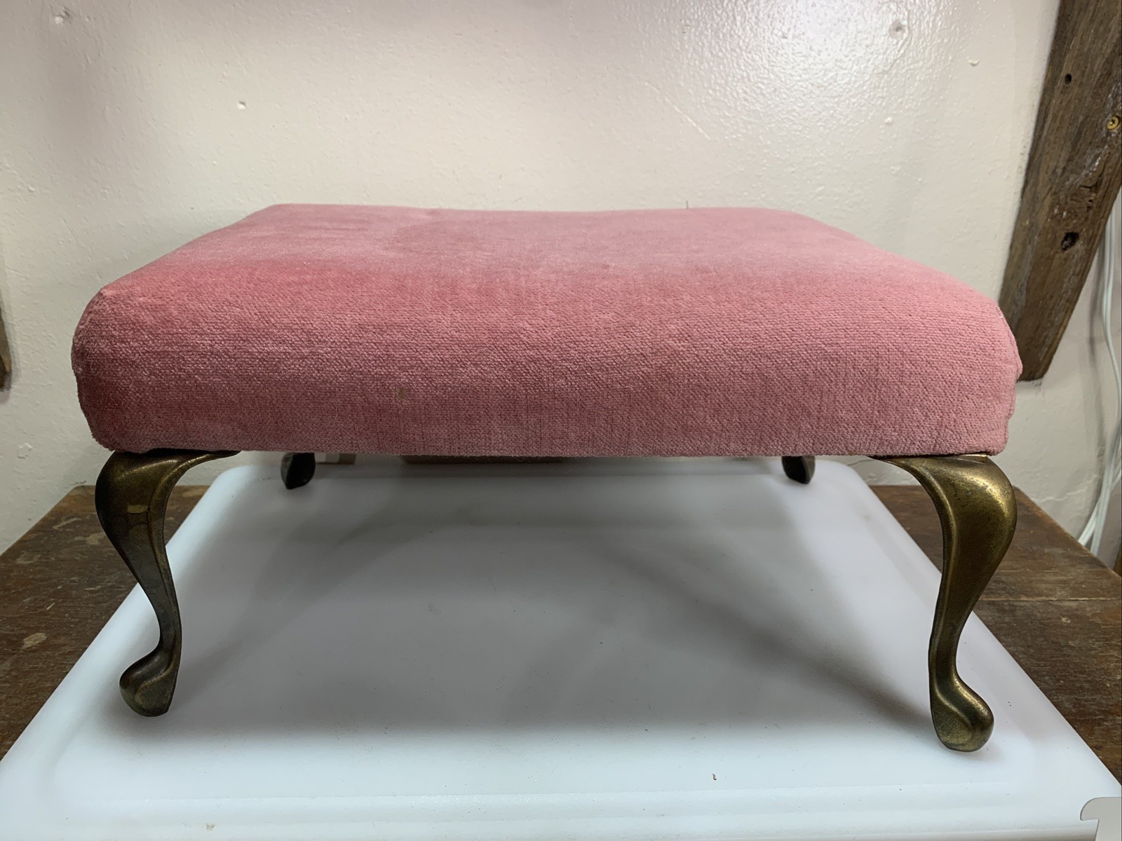 Vintage Upholstered Foot Stool Brass Legs Home Decor Shabby Chic
