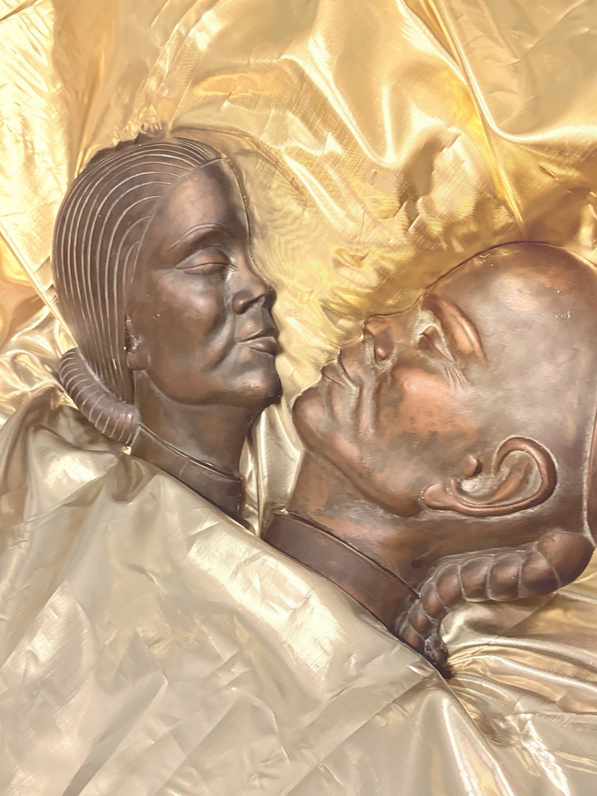 1950s Wall Hanging 3D Busts Copper Coated Chalkware Signed/Dated Asian Man&Woman