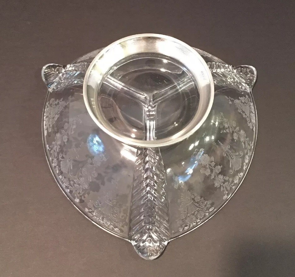Vintage Duncan Miller Glass Feather #711 Dish With Solid Sterling Silver Base