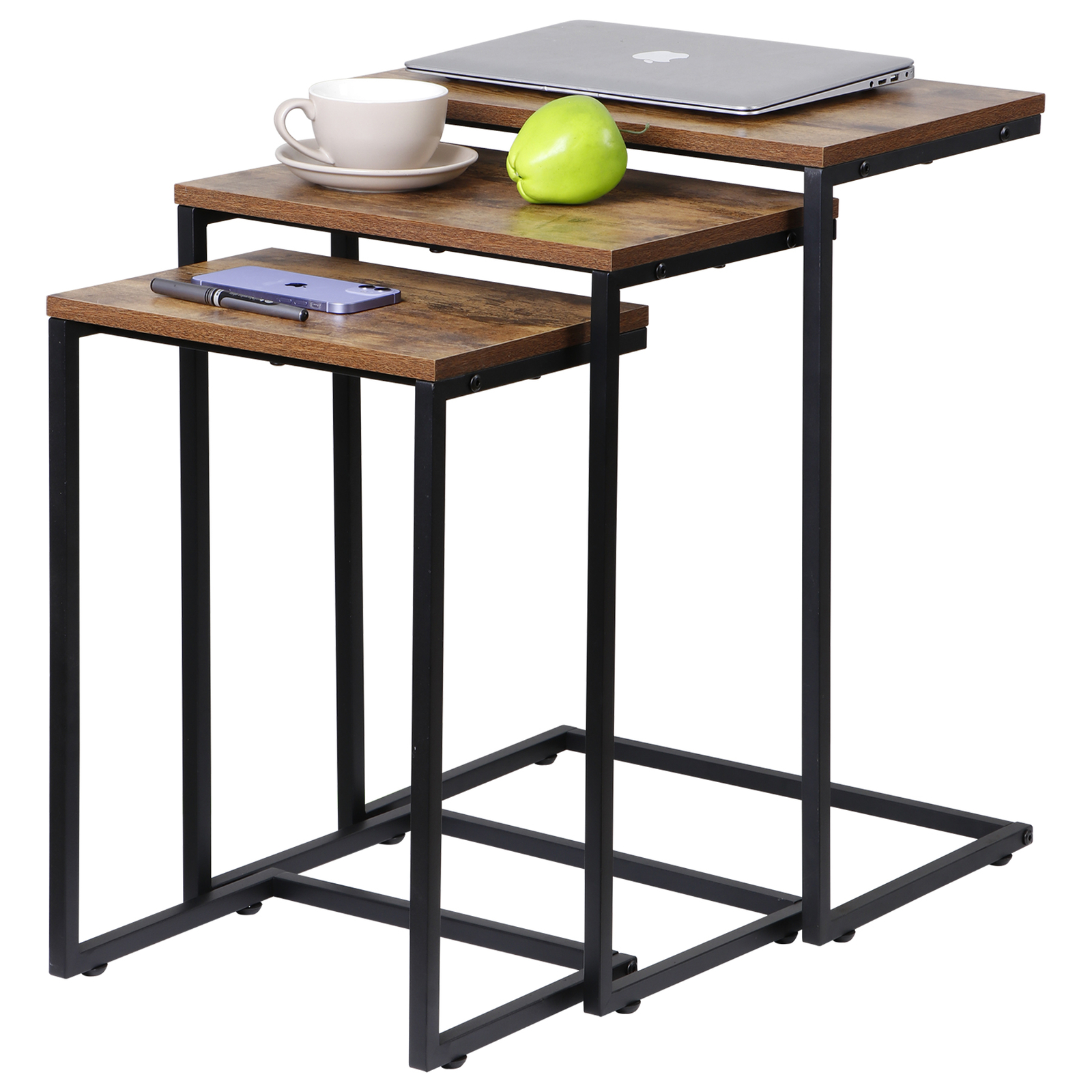 Stackable End Table Brown C-shaped Coffee Nesting Table Set of 3 w/Metal Frame