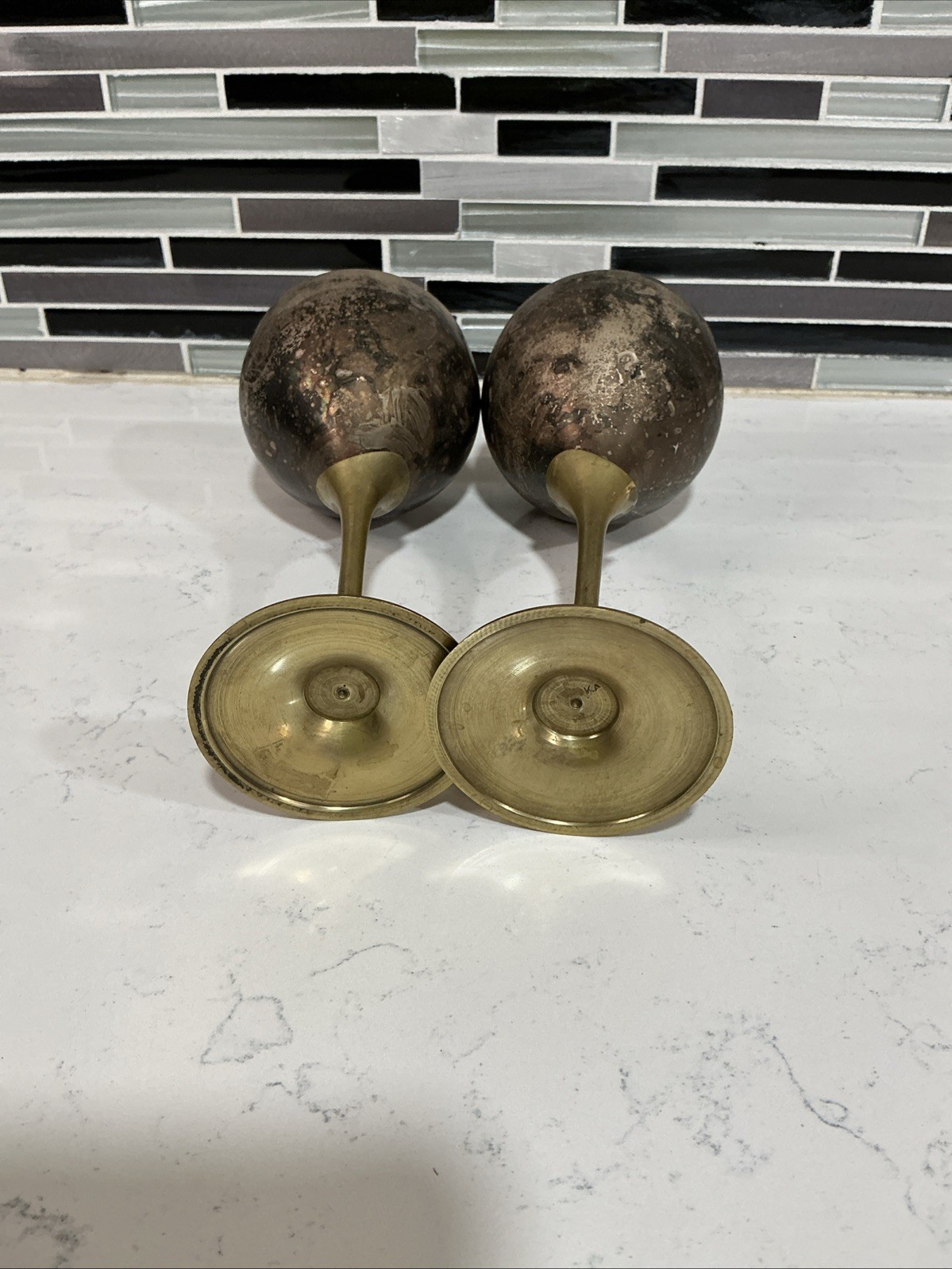 Vintage Brass Stem Goblets Pair Rustic Boho Decor Chalice Cups Candle Holders KA