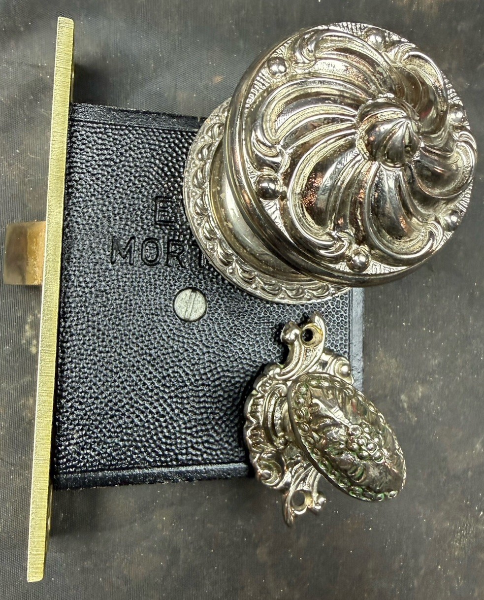 Vintage Nickel Silver Over Brass Doorknobs, Rosettes, Lock, Thumb Turn 1 of 10