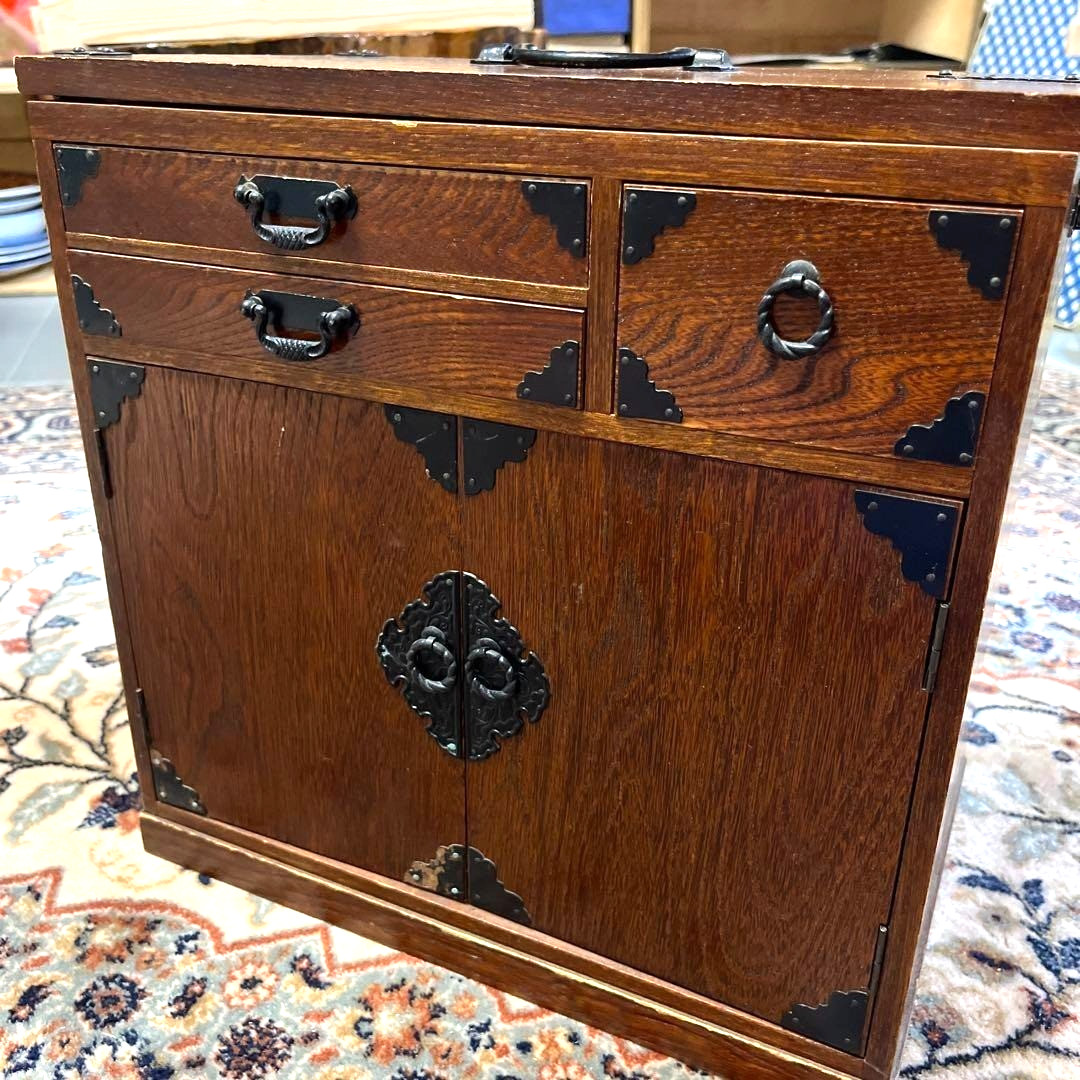 Japanese Vintage Wooden Foldable Sewing Box Literary Desk Drawers H35×W70×22.5cm