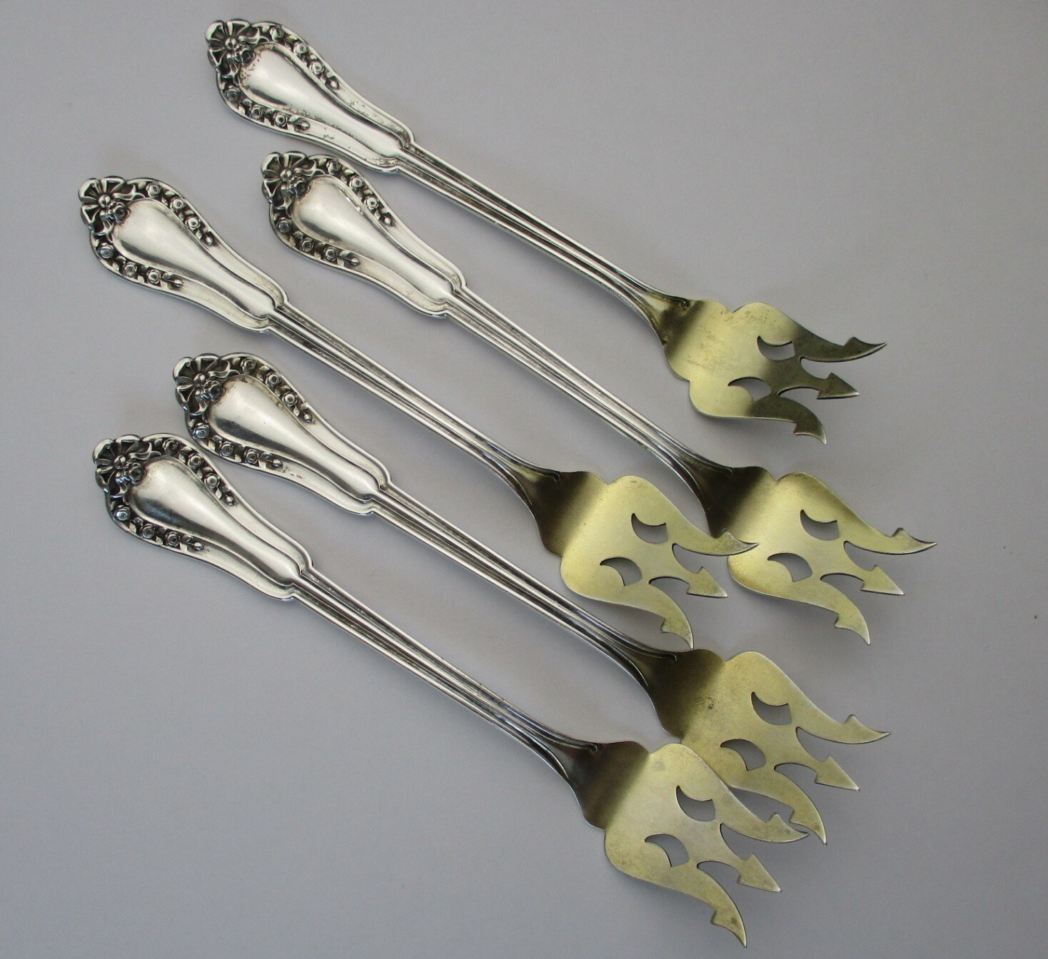 Saart Rosebud sterling silver 5 cocktail forks gold wash antique SSMC