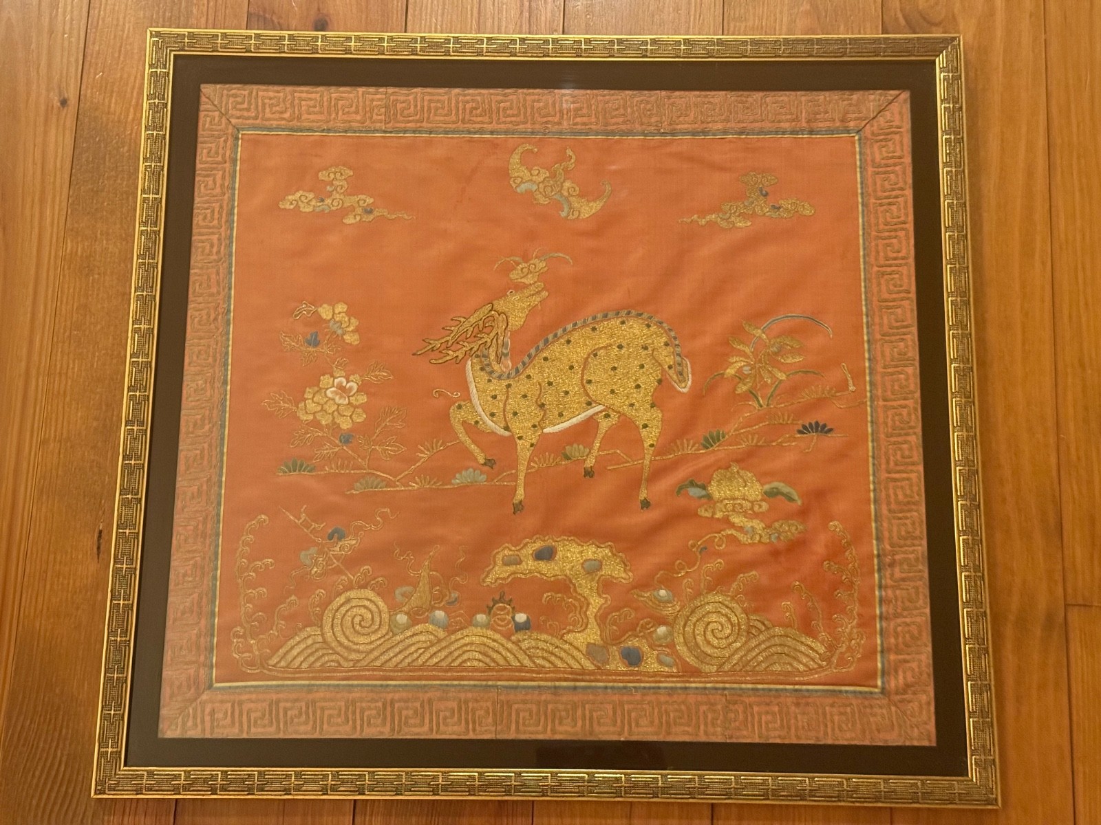 Antique Chinese embroidered silk panel framed