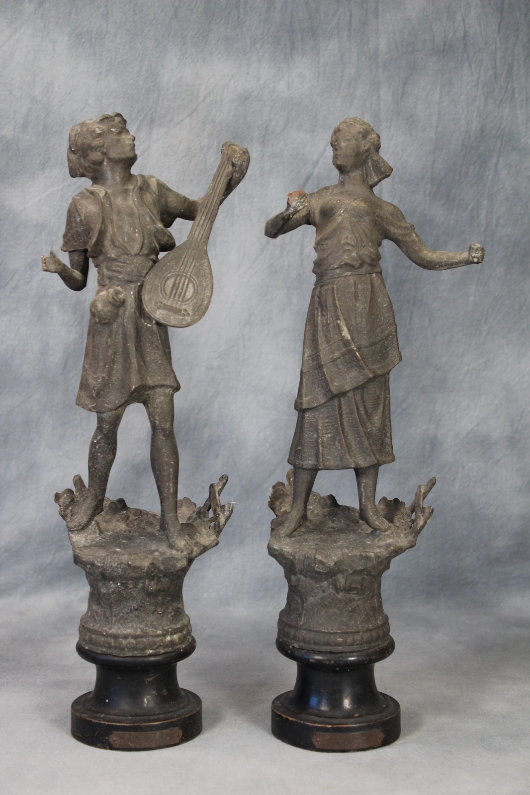 Pair Antique French Spelter Statues Figures on Wooden Plinths Art Nouveau Female