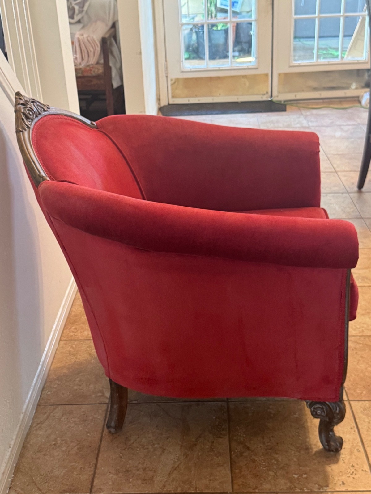 1928 Victorian Red Velvet Sofa, Armchair and Footstool