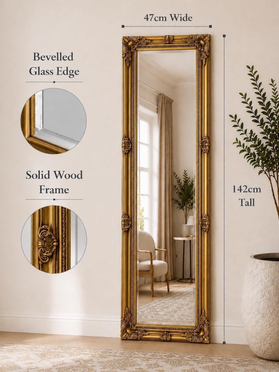 UK Antique Gold Tall Ornate Dressing Wall Mirror – 142cm x 47cm Luxury Design