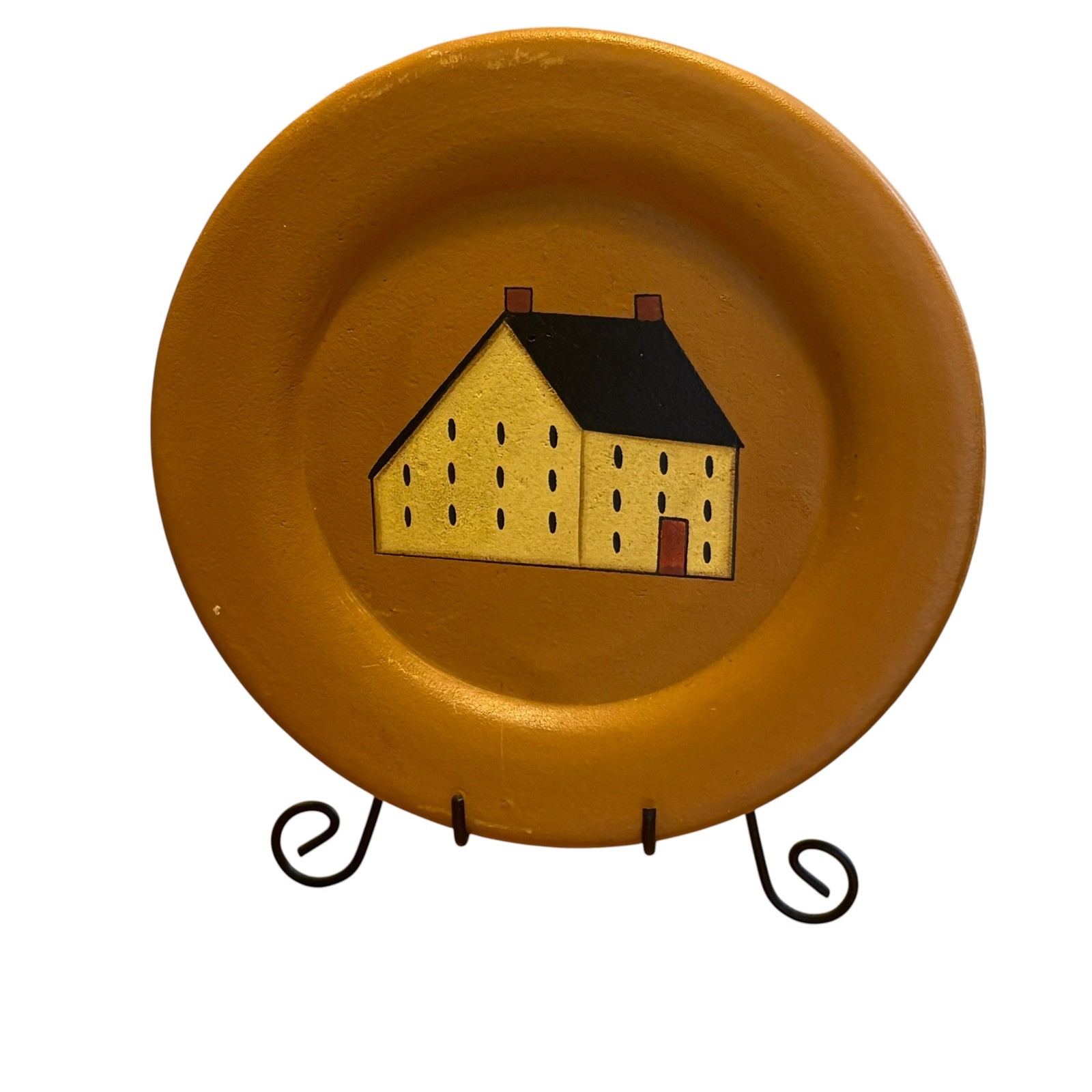Vintage Primitive Folk Art Wooden Plate Saltbox House Farmhouse Decor 5” MCM