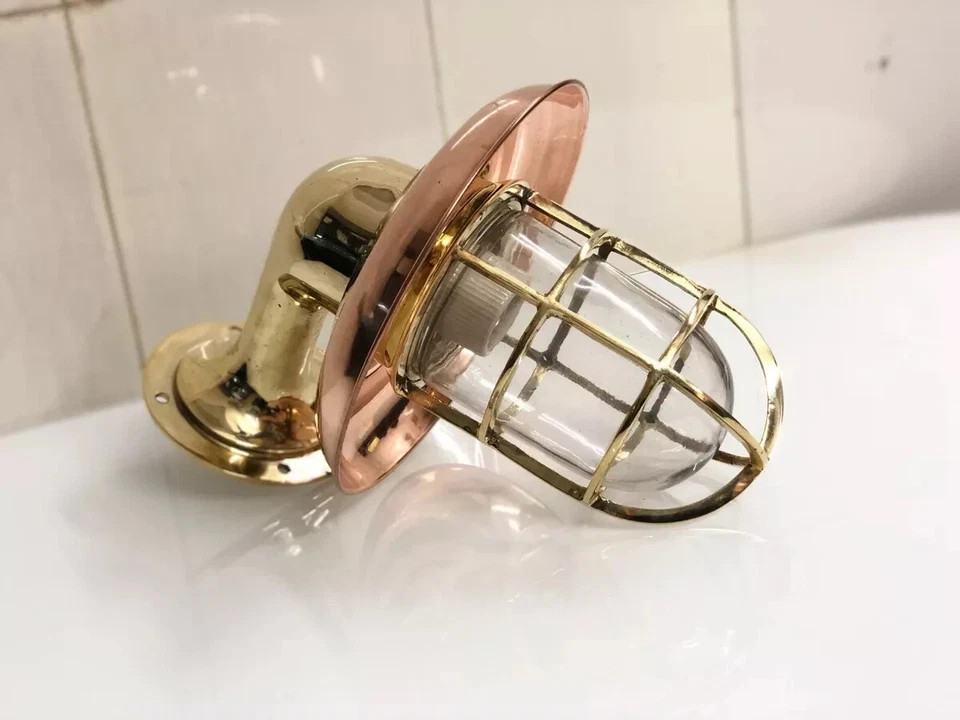 NAUTICAL ARCHED BULKHEAD BRASS WALL SCONCE SHIP LIGHT WITH COPPER SHADE