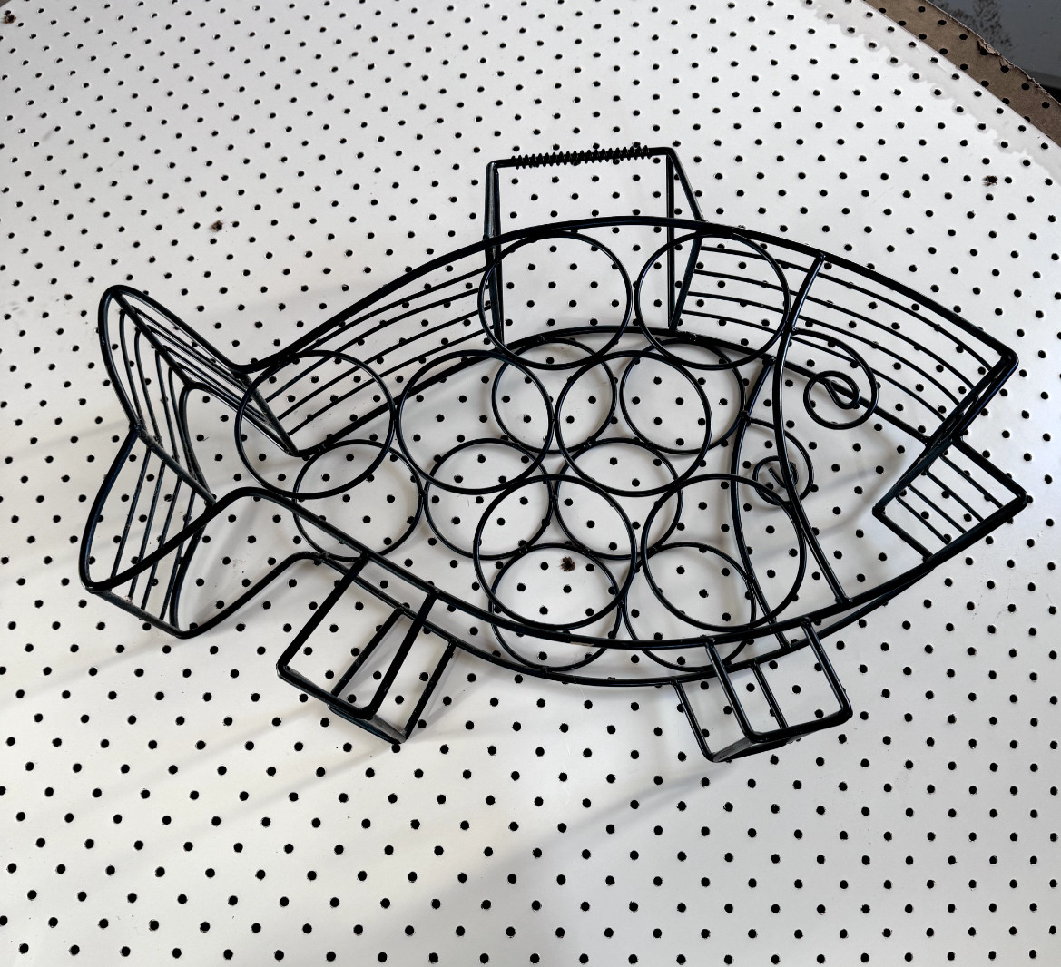 Early 21st Century F. Weinberg-Style Black Sculpted Metal Fish-Shaped Wine Caddy