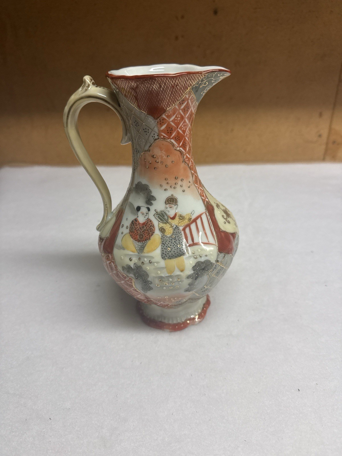 Vintage Japanese Satsuma Style Hand Painted Pitcher Ewer Gold Moriage