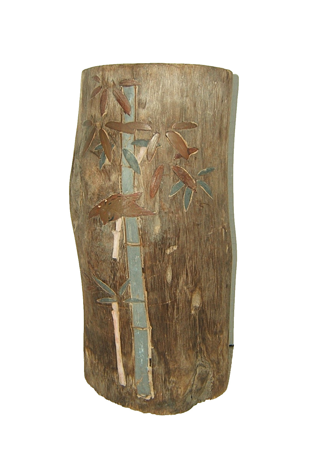 Asian Hand Carved Wood Brush Pot Vase Bamboo Painting – Copper Vase Insert – 12″