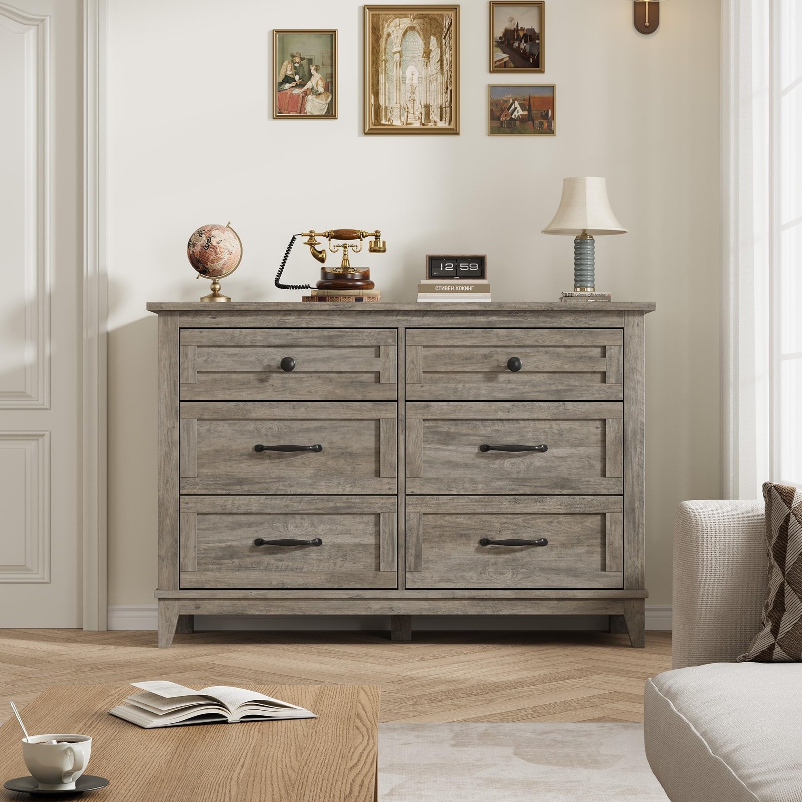 6-Drawer Dresser 47″ Wide Storage Chest Freestanding Wood Dresser for Bedroom