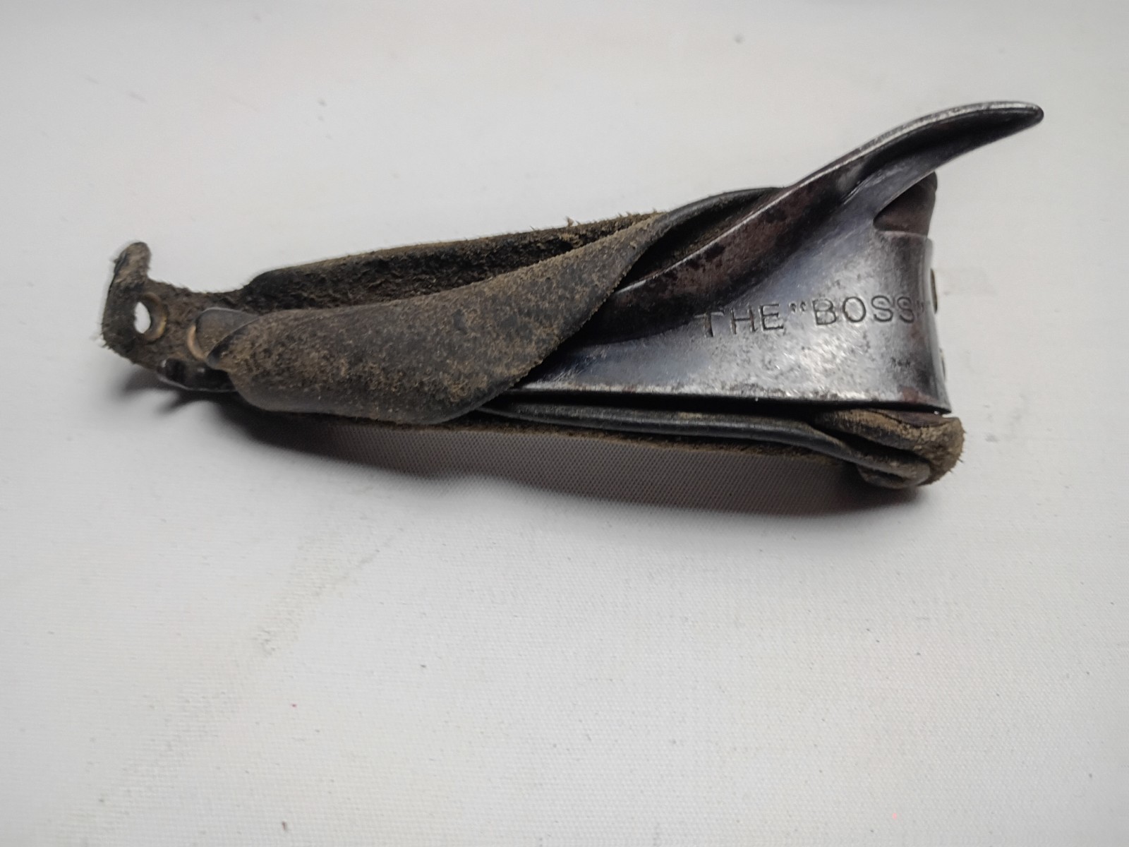 Antique Corn Husking Peg Hook Tool THE BOSS Leather Primitive Farm Decor Rustic