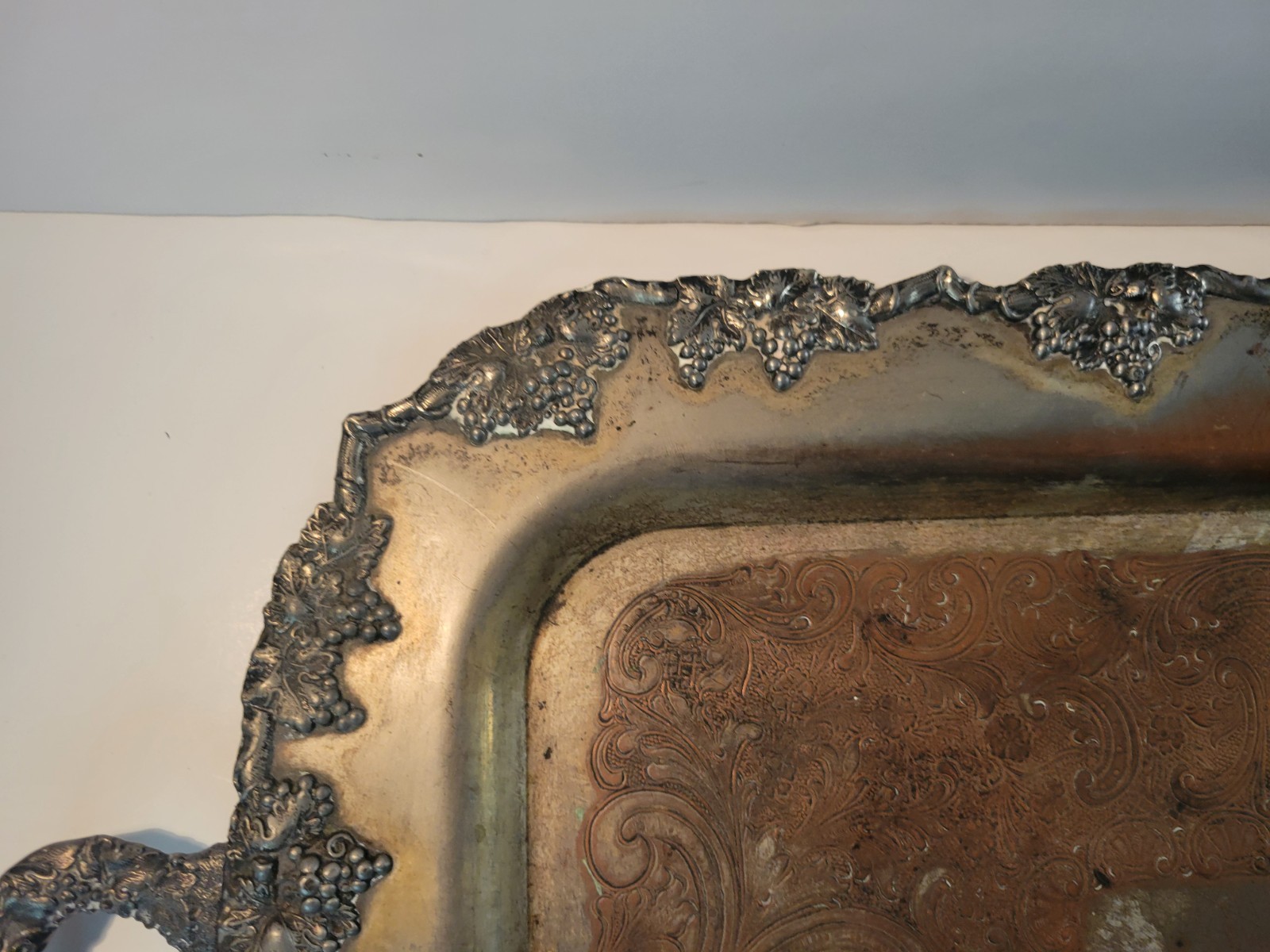 Crescent Silver On Copper Tray Grape Leaf 22 3/4