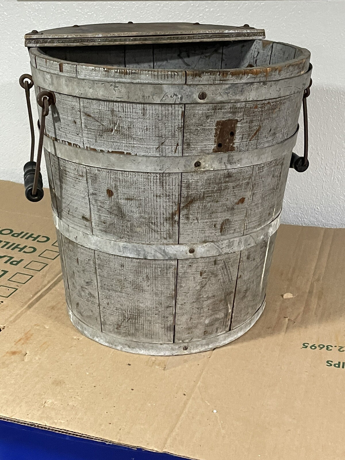 Antique Primitive wood Bucket “random Ice & Coal” Milwaukee Wi Paint Complete!