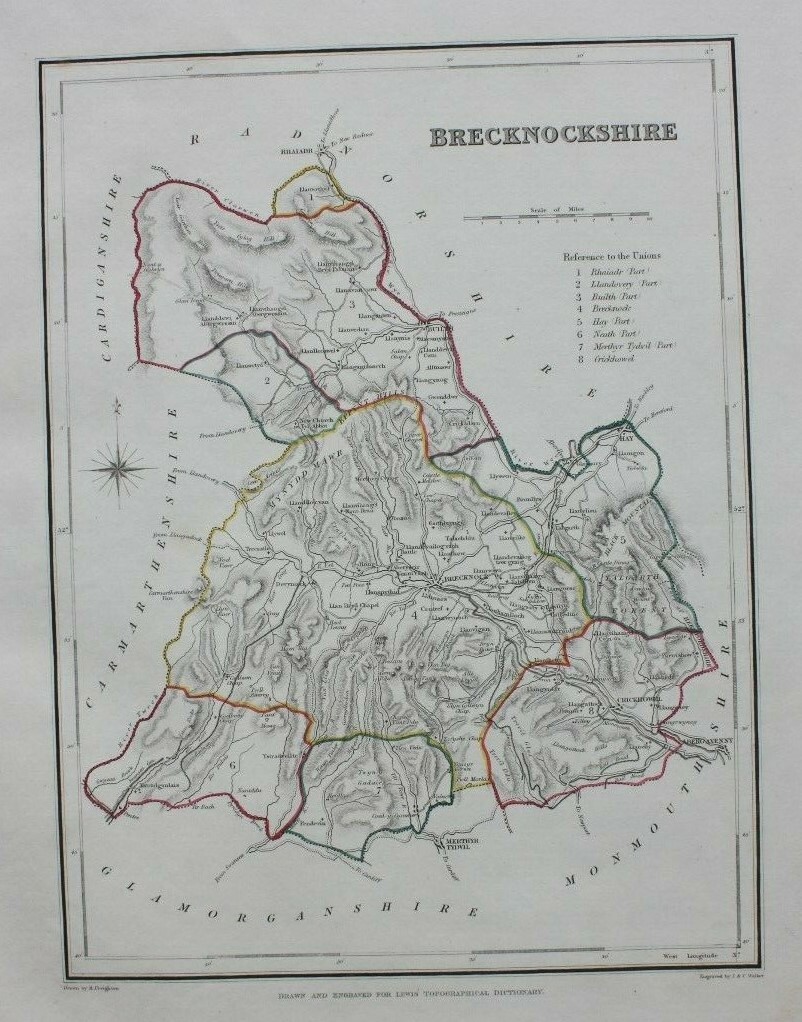 BRECKNOCKSHIRE, WALES original antique county map, LEWIS, CREIGHTON, Walker 1848