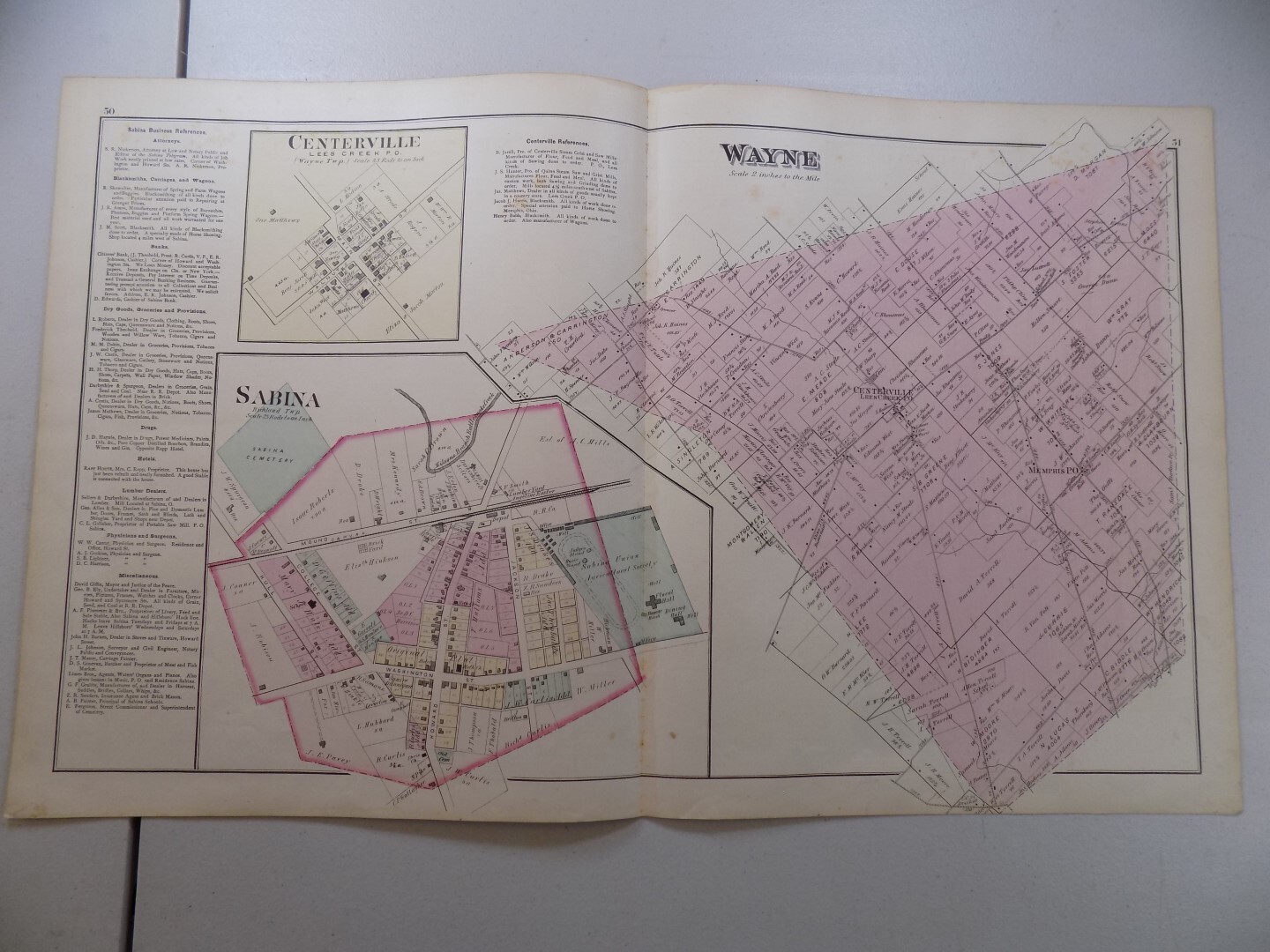 1876 Map Clinton Co, OH Atlas / TOWNS OF CENTERVILLE, SABINA,TOWNSHIP OF WAYNE