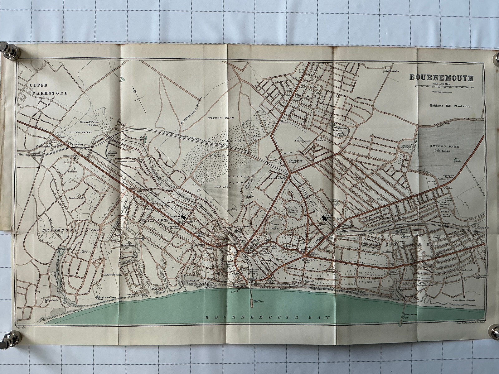 BOURNEMOUTH 1914 Antique Street Map Original England Golf Links LSWR Pier Garden