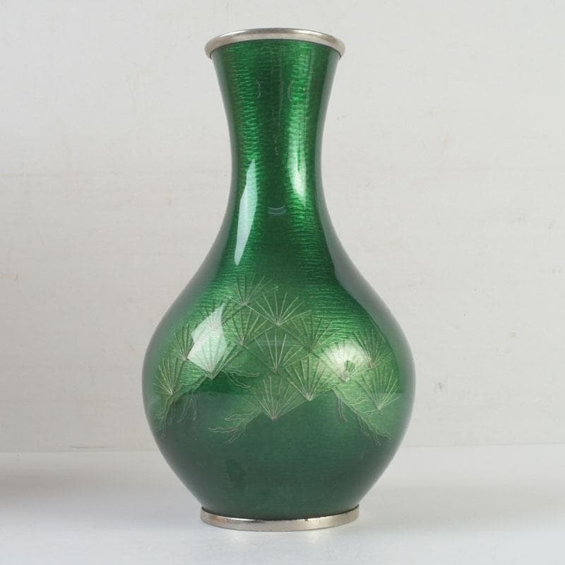 Cloisonne Vase Pine Needles pattern 8.5 inch tall Japanese Green Pot