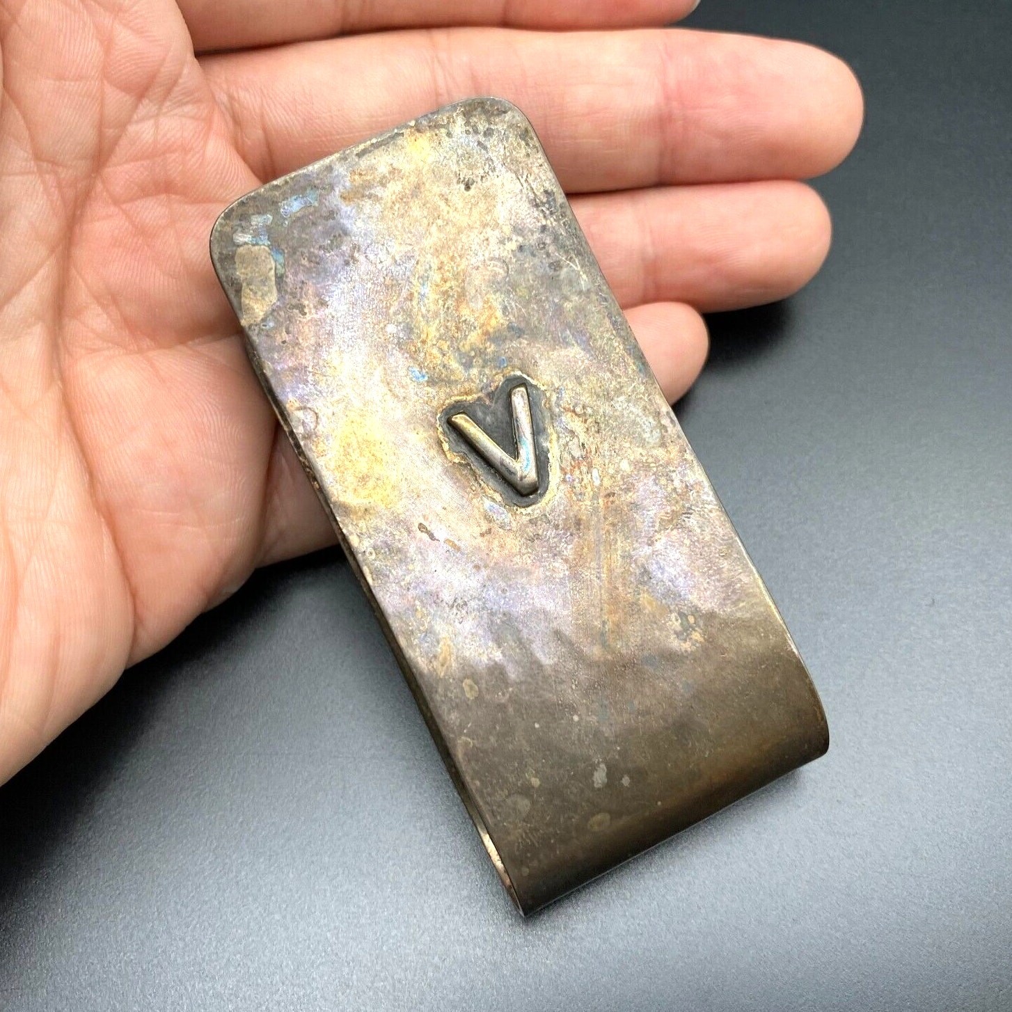 Vintage Albino Manca Hand Wrought Letter V Sterling Silver Napkin Clip