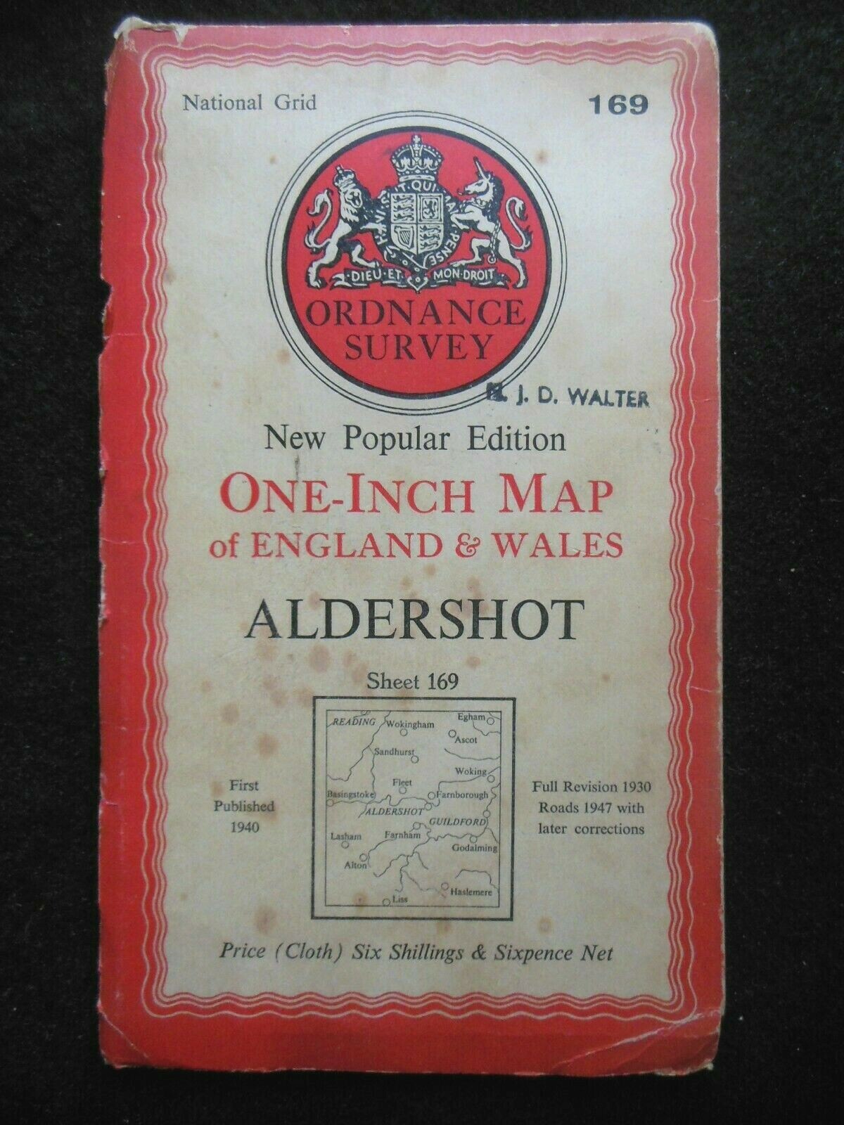 Vintage Ordnance Survey Map of Aldershot (1947) Cloth – Farnham, Lewes, Bexhill