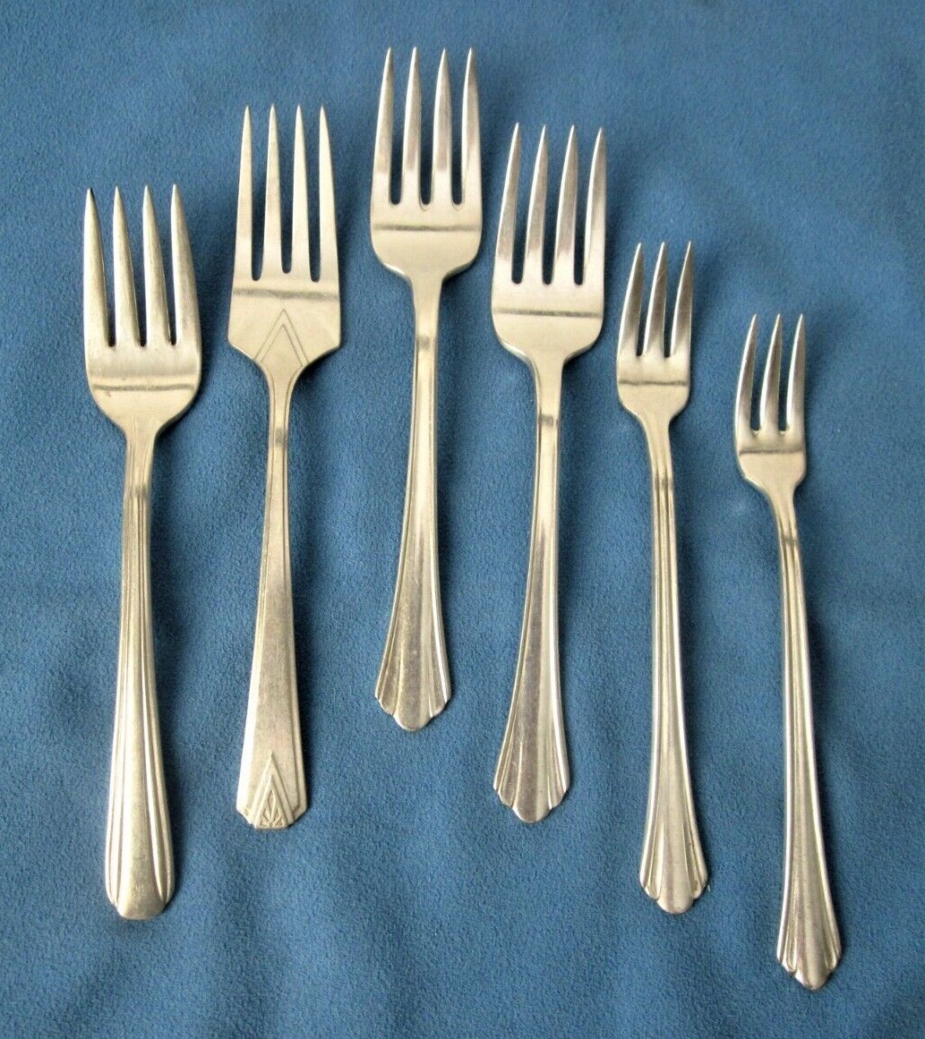 6 Vintage Silverplate Dessert & Cocktail Forks, Talisman, Deauville, Victor One