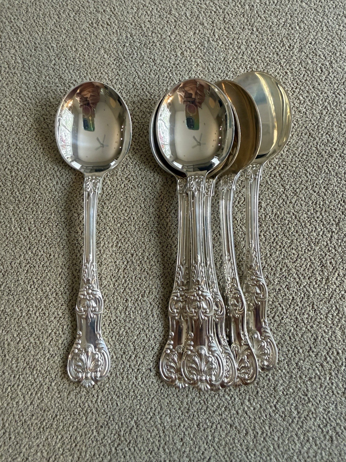 6 Tiffany English King Sterling Cream Soup Spoons Never Used