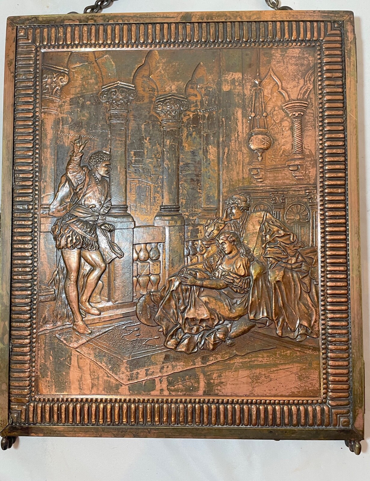 antique relief figural copper triptych panel folding table vanity mirror plaque