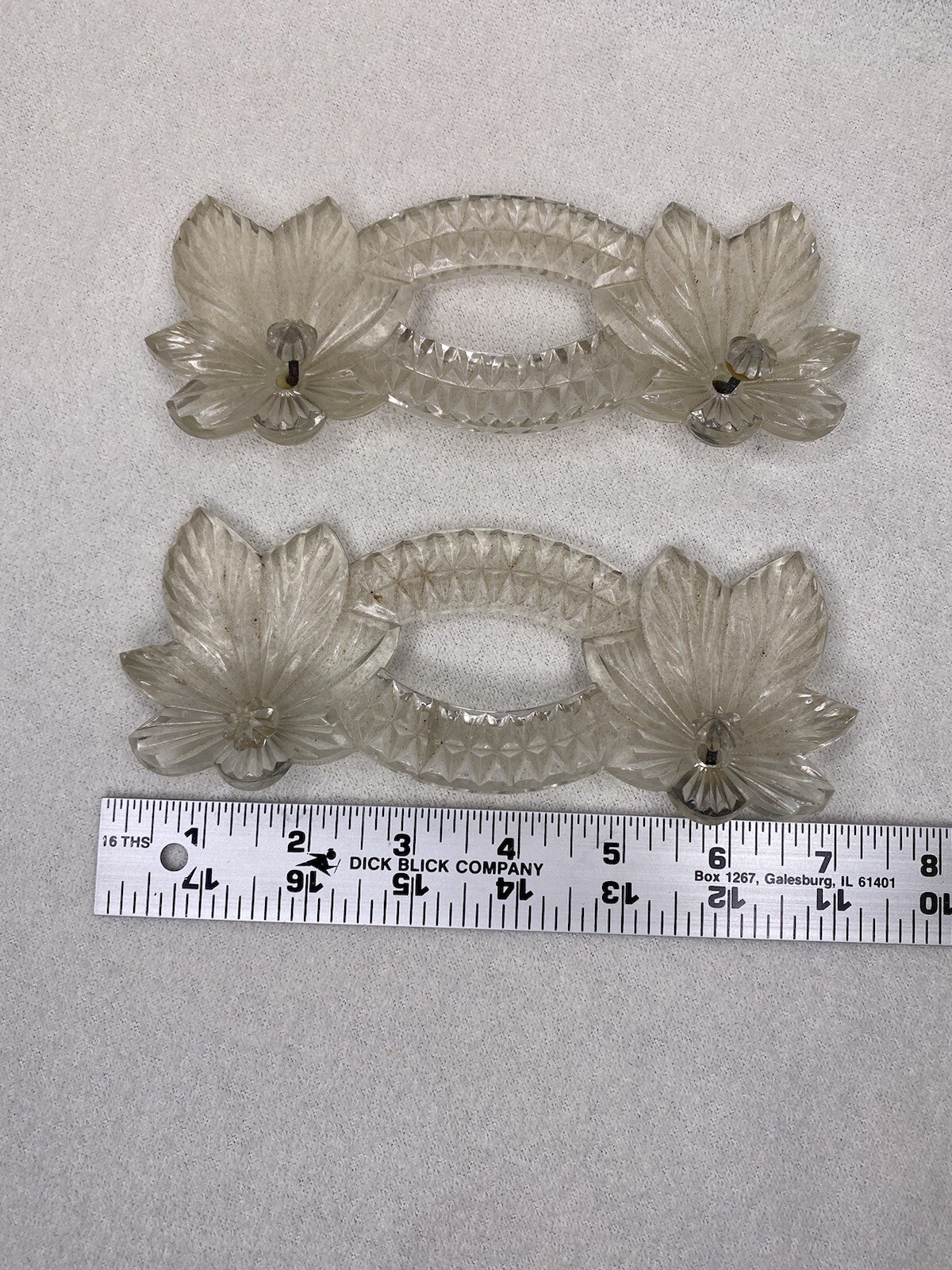 VINTAGE ART DECO Pressed GLASS Drawer Pulls VANITY TRAY HANDLES W KNOB SCREWS