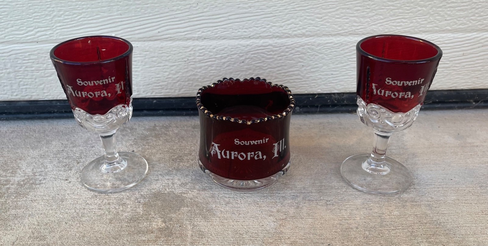 3 Antique EAPG Ruby Red Flash Souvenir glass Aurora Il cordial