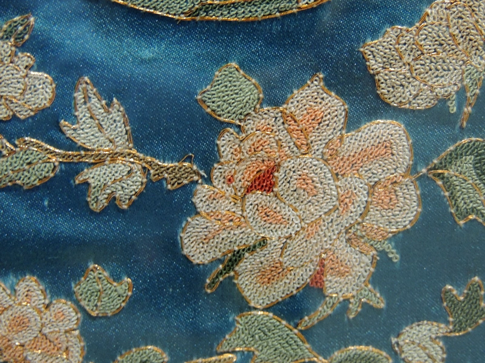 Framed Chinese Embroidered Panel – Landscape and Florals – Intricate Gold Thread
