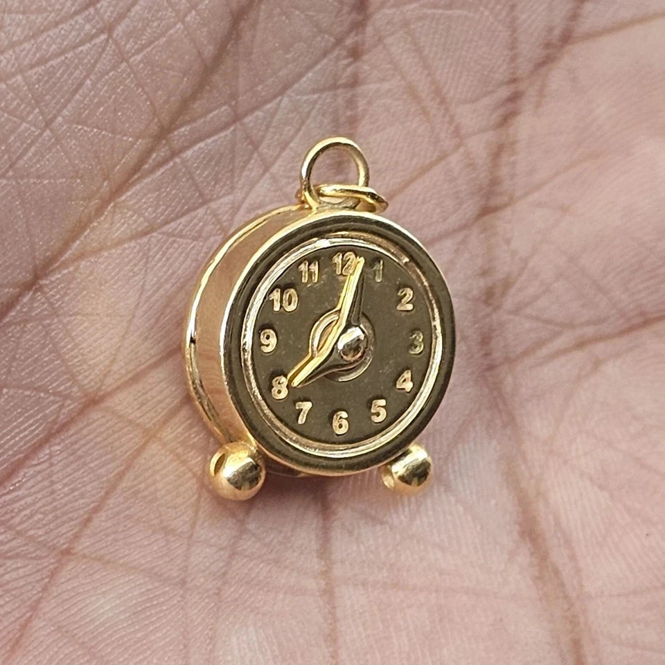 Vintage Style Clock Charm Pendant 14K Yellow Gold Plated Silver Free 18″ Chain