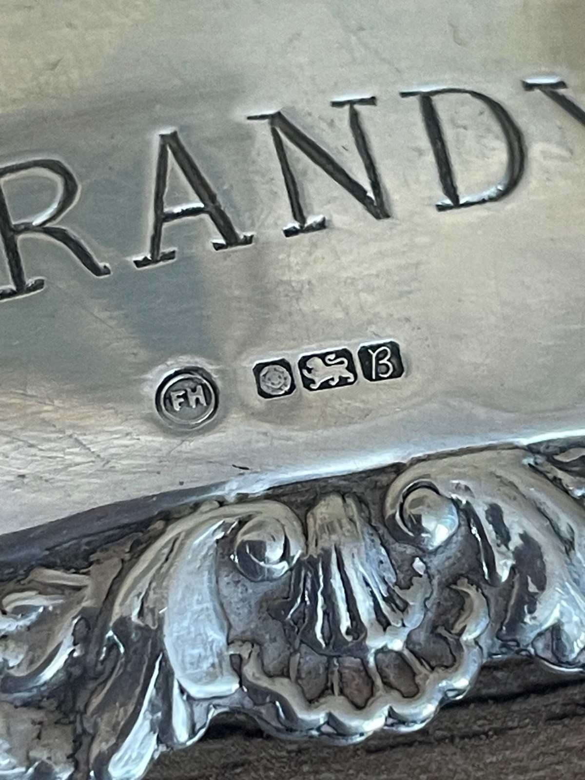 Brandy label solid silver decanter bottle label Sheffield 1976