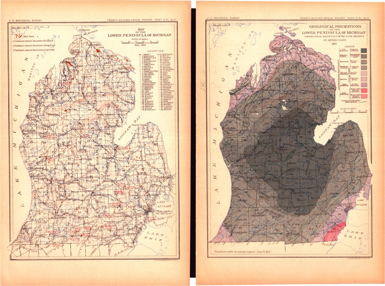 Michigan Cement Factories & Geology-USGS Lithograph Maps of Lower Peninsula 1902