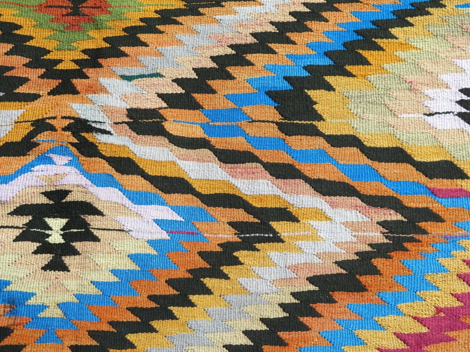 Sky Blue Zigzag Multicolor Vntage Turkish Rug, Large Handmade Wool Carpet 58×106