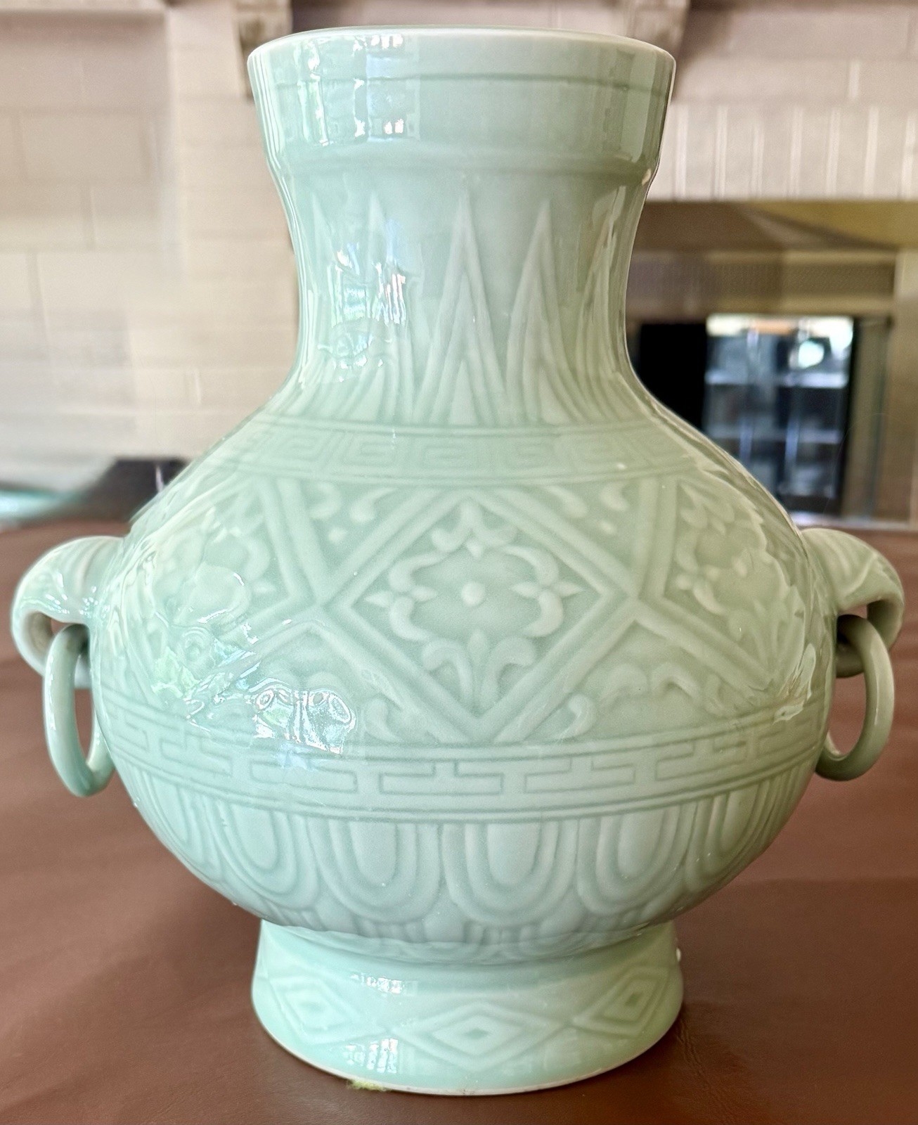 Vintage Chinese Celedon Vase, Large, Ring Handles 10 1/2” Elephant