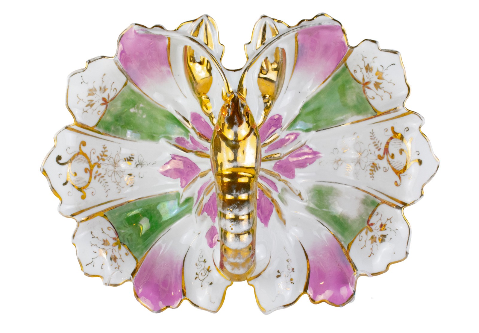 Antique 1890-1910 Gold Gild Lobster Split Dish Hand-Painted Florals – Pink Green