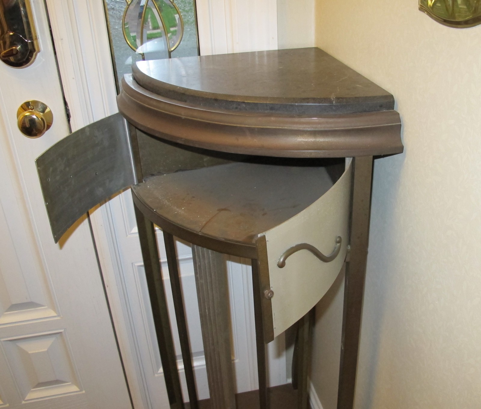 antique brass or bronze corner table pedestal – slate (or stone ?) top