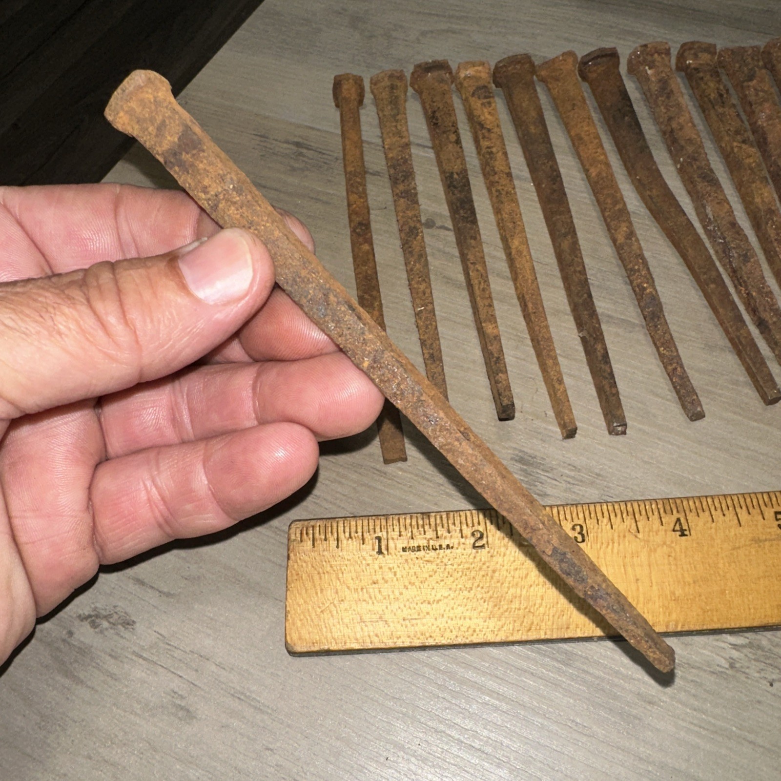 Lot of 13 Antique ~6″ long square cut nails Steel Iron Blacksmith Rustic