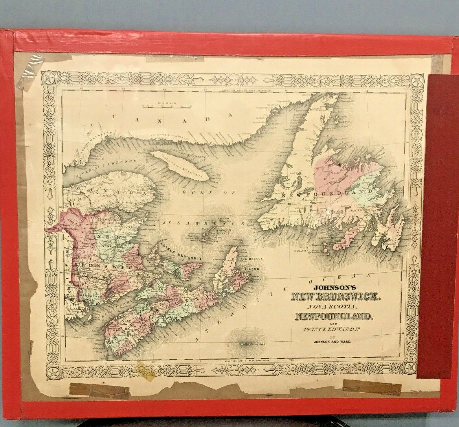 Antique 1864 Johnson and Ward New Brunswick & Newfoundland Canada map 19″ x 16″