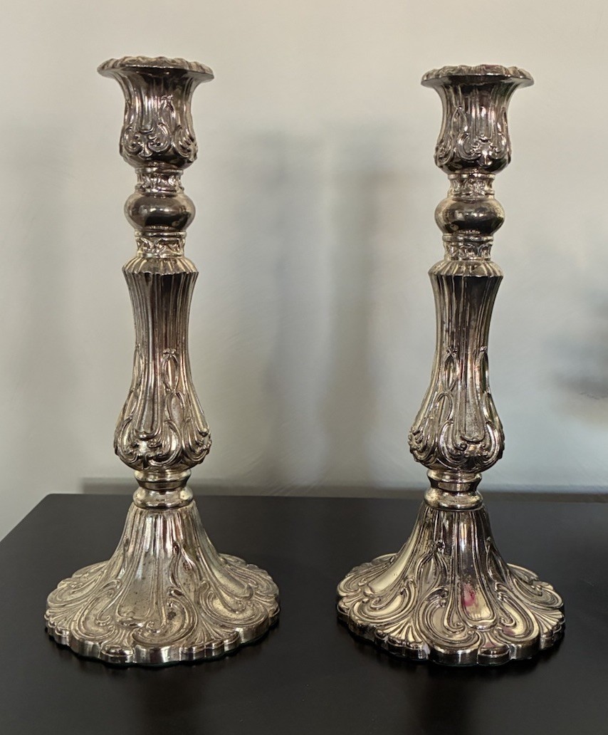Antique 10” Silver Plate Candlestick Holders. Early 20th Century; Victorian)