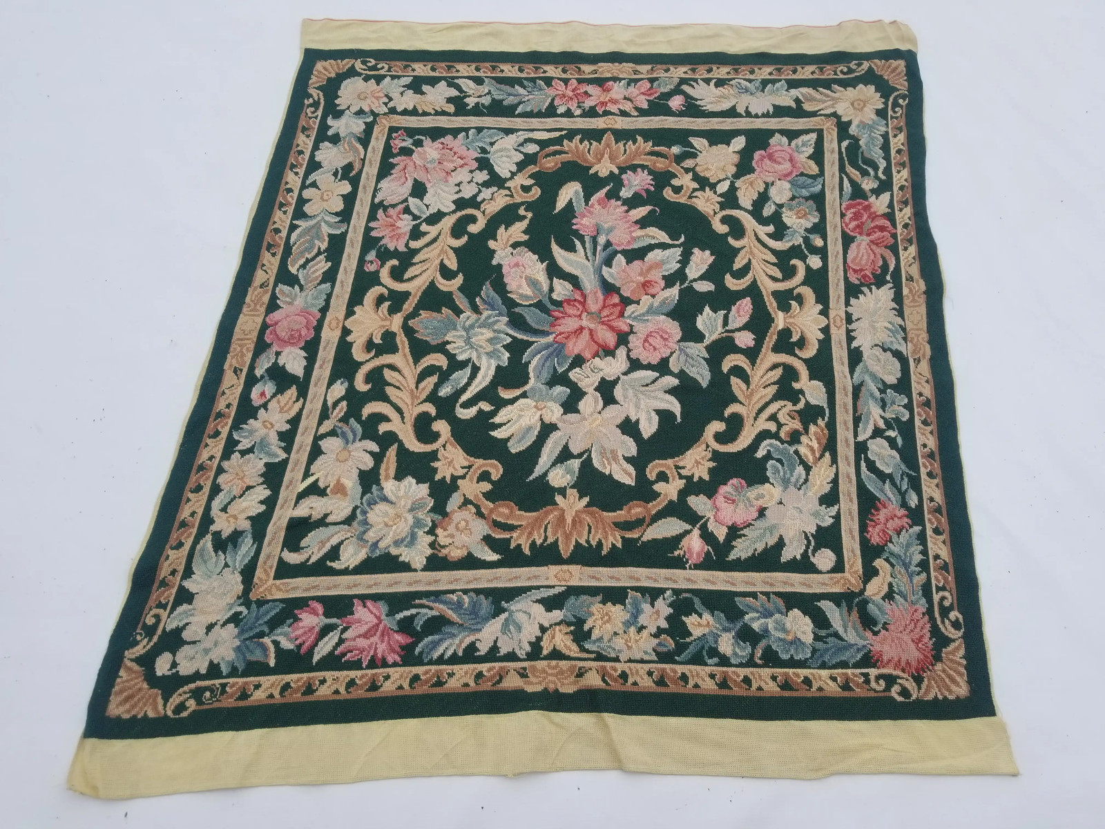 Vintage French Needlepoint Handmade Floral Multicolor Wool Rug Carpet 4.6×3.9ft