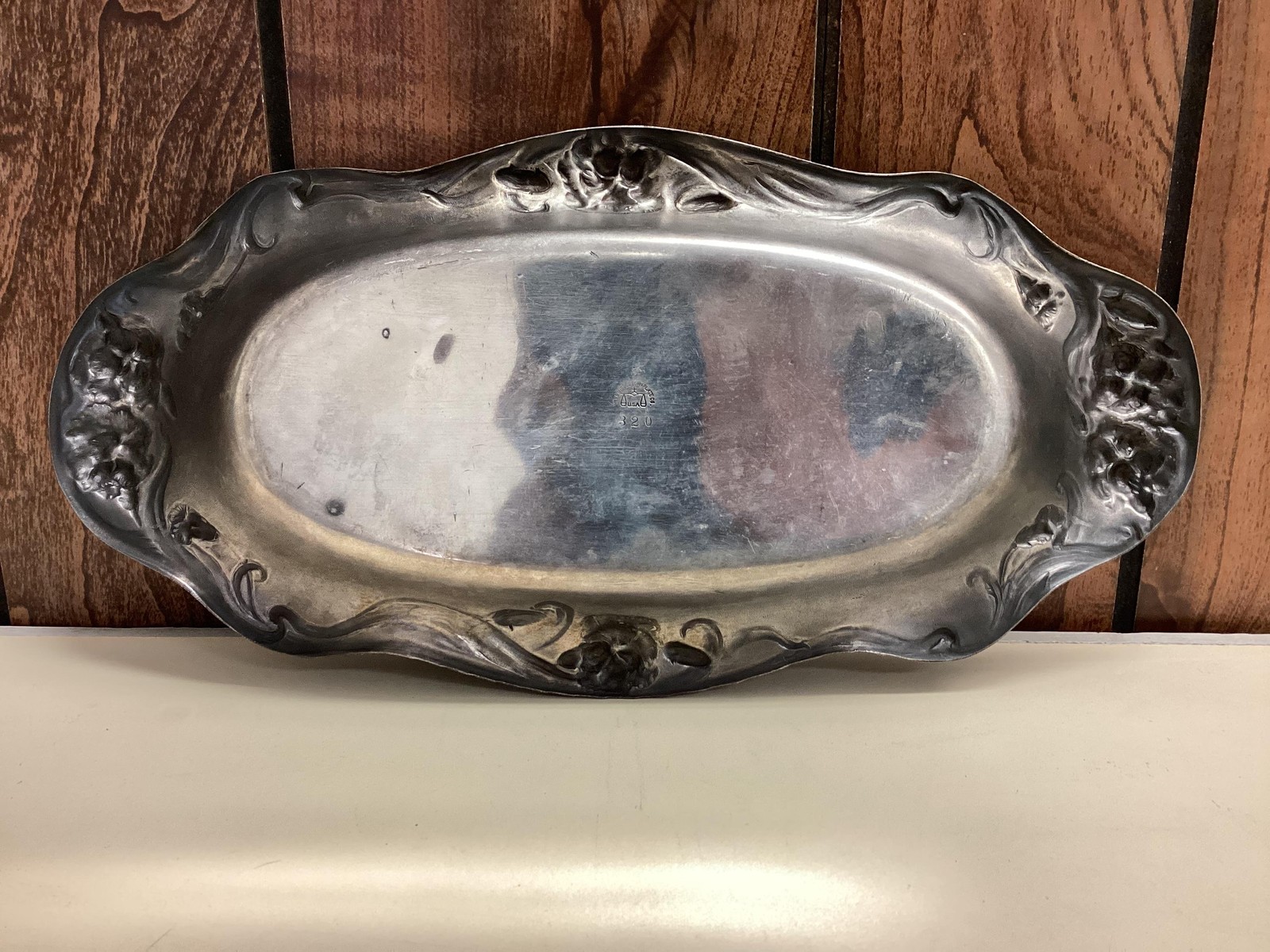 Vintage Silverplate Oval Serving Dish Tray Floral Scroll Border Marked 320 USA