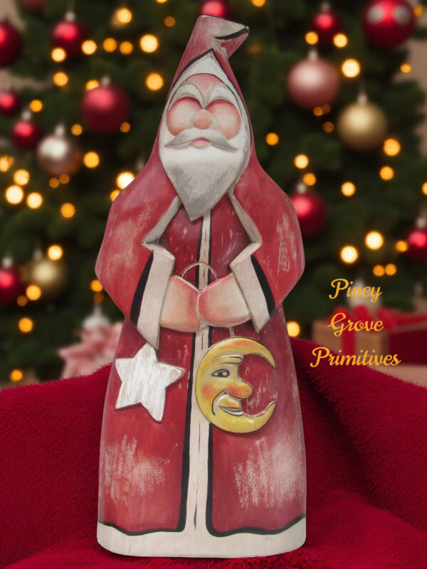 Folk Art Christmas Santa Moon & Star Hand Carved 1993 Signed by Artist Thors