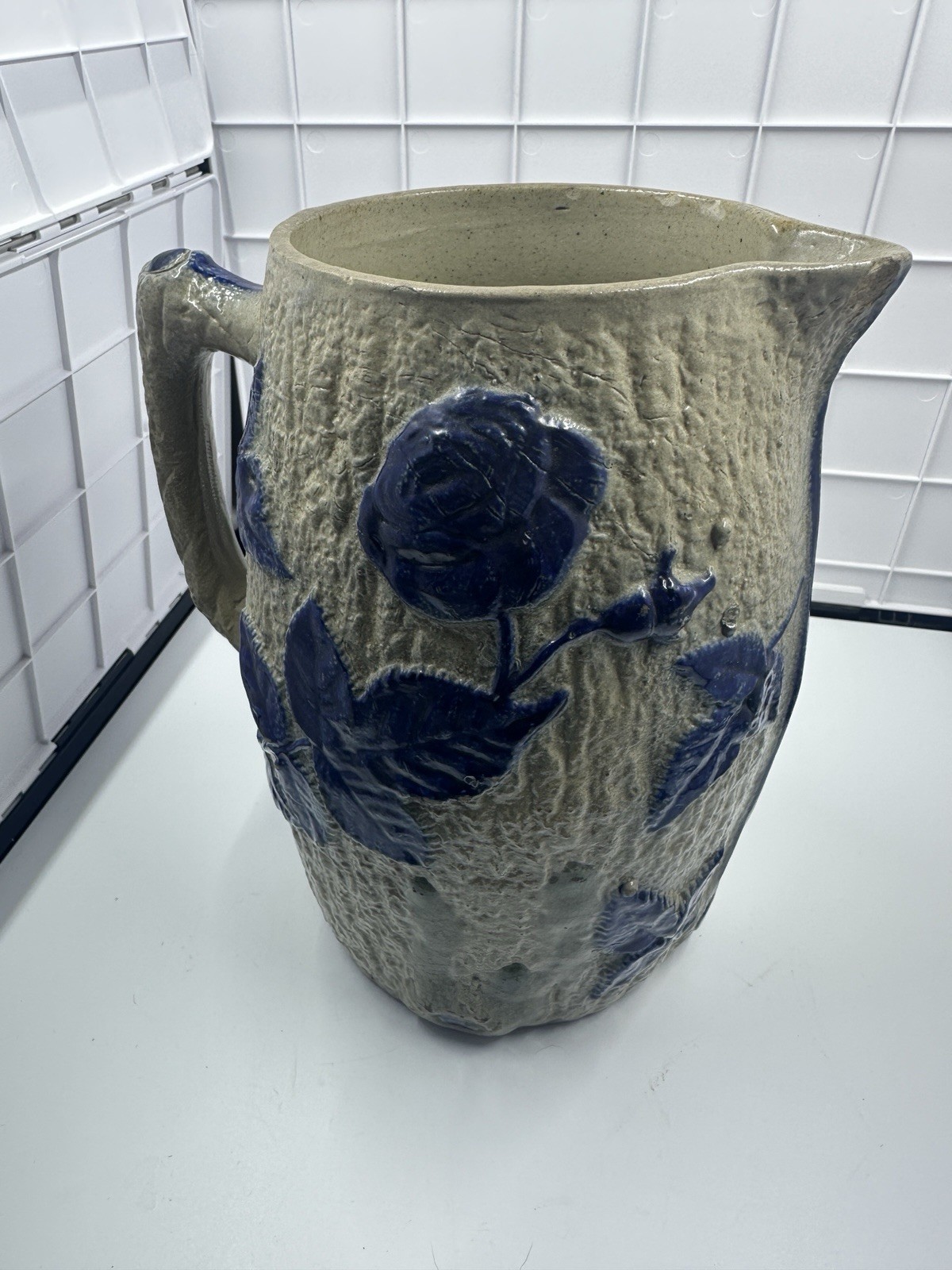 Antique Whites of Utica Pitcher, Large Stoneware Jug, Flowers, Man, Bark Texture