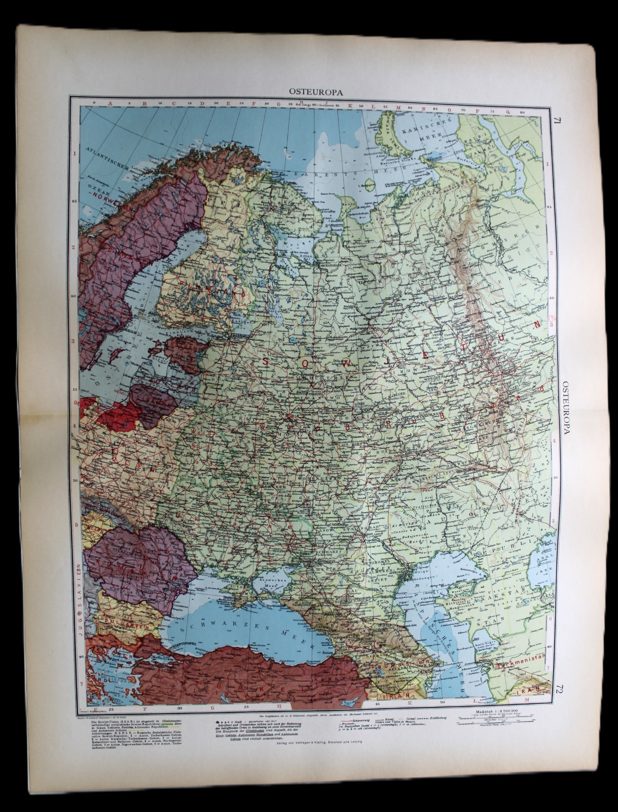 ANDREES HAND ATLAS MAP PLATE PAGE NO.71-72 EAST EUROPE EUROPEAN USSR 1937