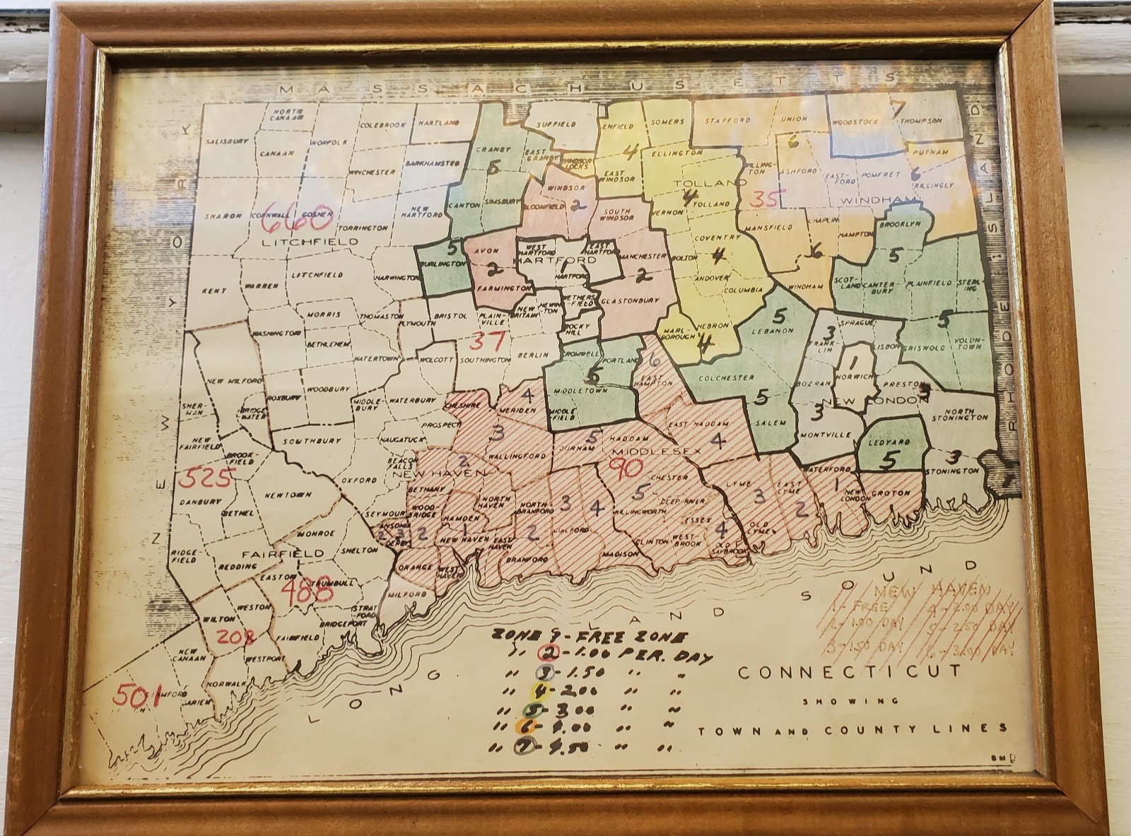 Vintage Connecticut Map Framed Showing Town & County Lines 9″x11″ Overall